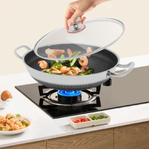 Stainless Steel Frying Pot with Honeycomb Surface & Glass Lid — 13.98"